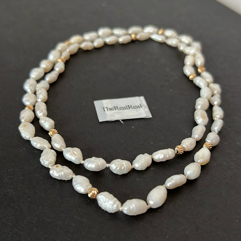 28” baroque genuine natural pearls & 14k gold beads on knotted silk cord